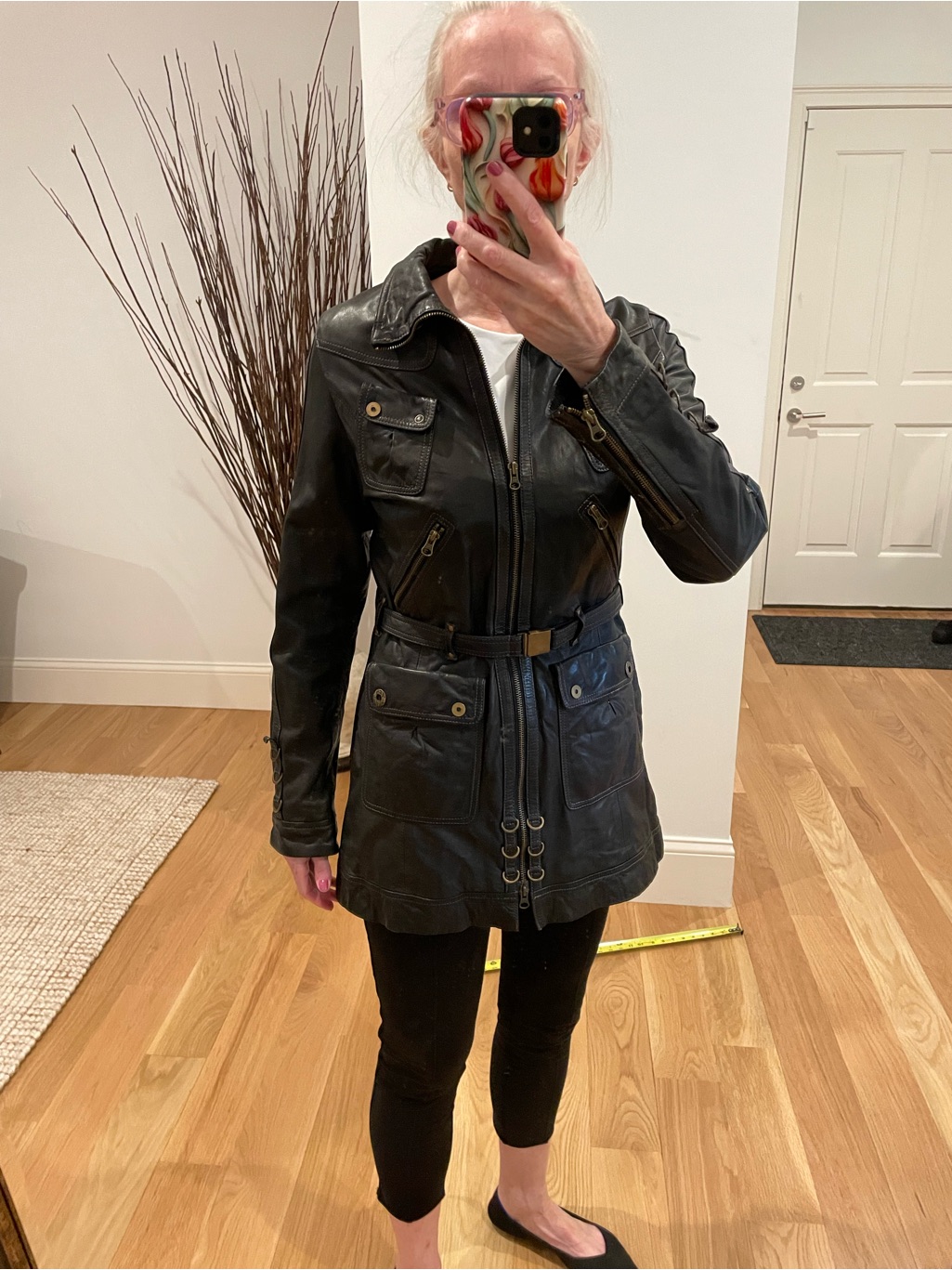 Women's Black Leather Belted Jacket With Front Pockets